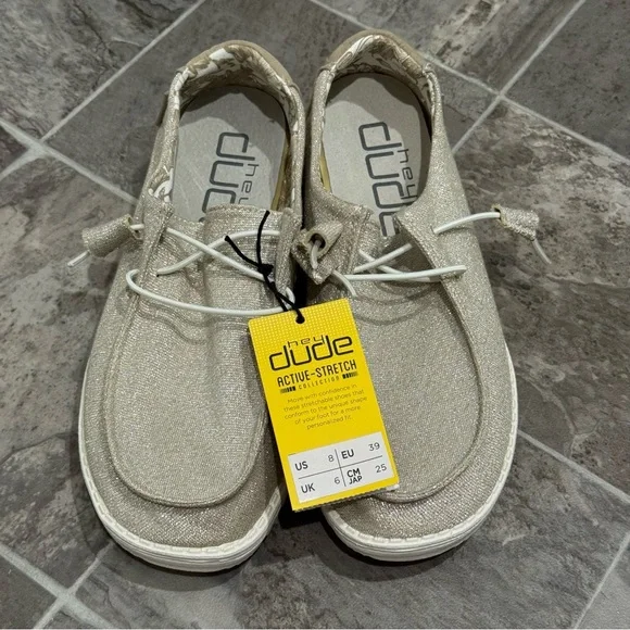 Hey Dude Women 8 Wendy Sparkling Beige Slip On Loafers Stretch Metallic - Picture 2 of 9